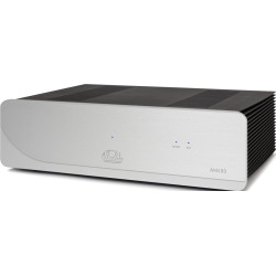 ATOLL AM400 EVO amplificateur de puissance HI-FI, vue trois quarts façade aluminium et dissipateurs latéraux