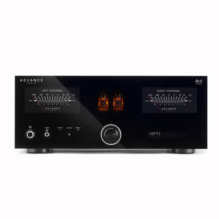 ADVANCE ACOUSTIC A10 APEX 30TH amplificateur intégré, façade noire vumètres lumineux et tubes apparents