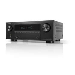 DENON AVC-X2850H amplificateur home cinéma, vue trois quarts façade noire avec écran OLED et molettes