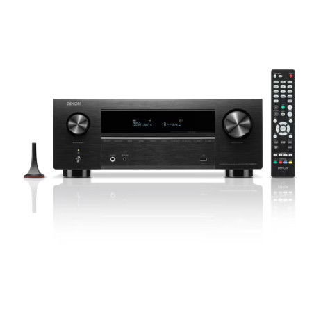 DENON AVC-X2850H amplificateur home cinéma noir, vue de face avec micro de calibration Audyssey et télécommande