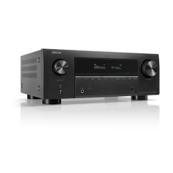 DENON AVC-X2850H amplificateur home cinéma, vue trois quarts gauche façade brossée noire et grilles latérales