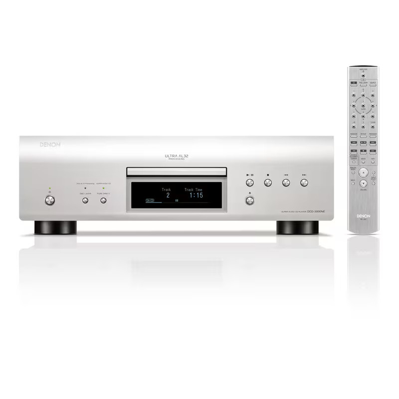 DENON DCD-30000NE lecteur SACD argent, vue de face avec télécommande et afficheur allumé