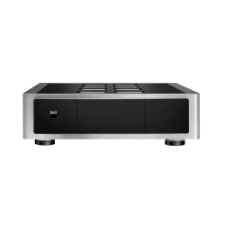 NAD M23 V2 amplificateur de puissance HI-FI, vue de face finition aluminium brossé et façade noire
