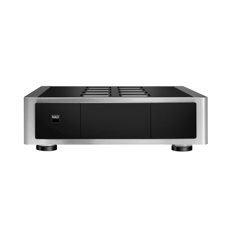 NAD M23 V2 amplificateur de puissance HI-FI, vue de face finition aluminium brossé et façade noire