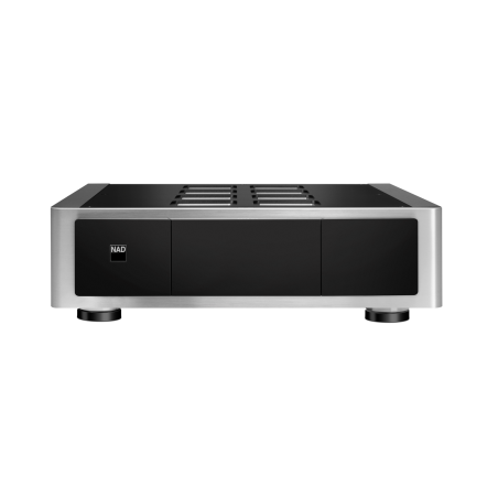 NAD M23 V2 amplificateur de puissance HI-FI, vue de face finition aluminium brossé et façade noire