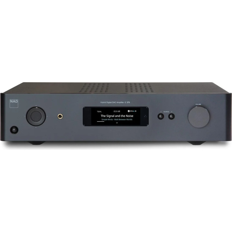 NAD C379 amplificateur DAC hybride, vue de face finition graphite avec écran OLED et molette de volume