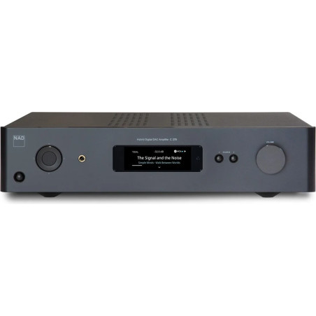 NAD C379 amplificateur DAC hybride, vue de face finition graphite avec écran OLED et molette de volume