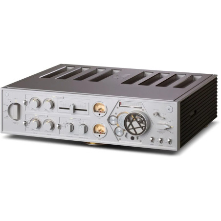 ROSE RA180 amplificateur intégré, vue de trois quarts façade argent et dissipateurs latéraux noirs