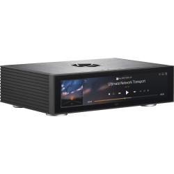 ROSE RS130 lecteur réseau finition noire, vue trois quarts écran tactile et dessus aluminium brossé