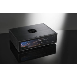 ROSE RS130 lecteur réseau finition noire, mise en scène sur fond réfléchissant vue trois quarts