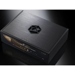 ROSE RS130 lecteur réseau finition noire, vue plongeante sur le dessus brossé et logo hexagonal