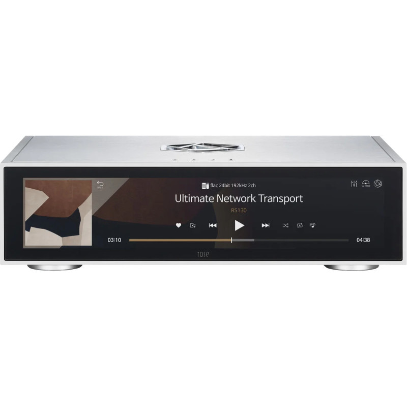 ROSE RS130 lecteur réseau argent, façade écran tactile affichage lecture en cours