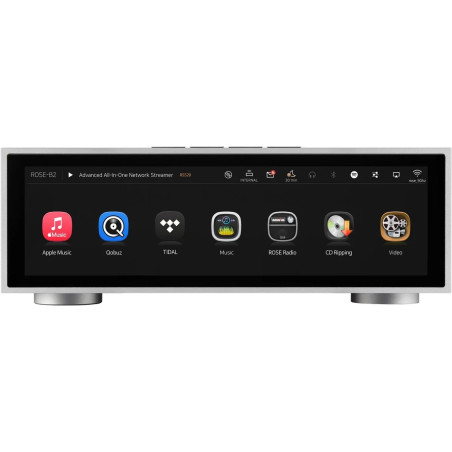 ROSE RS520 streamer amplificateur tout-en-un, façade argent avec écran tactile et applications musicales