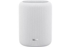 WiiM SOUND LITE enceinte connectée blanche, vue de face avec logo et grille tissu cylindrique