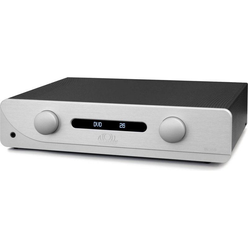 ATOLL IN300 EVO amplificateur intégré HI-FI finition aluminium, vue trois quarts façade avec afficheur OLED