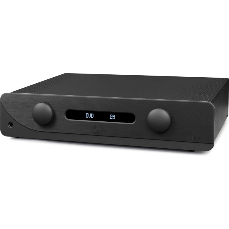 ATOLL IN300 EVO (FINITION : Noir) amplificateur intégré hi-fi, vue trois quarts façade avec afficheur OLED