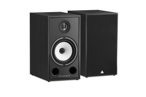 TRIANGLE BOREA BR03 enceinte bibliothèque hi-fi noir, paire vue trois quarts avec et sans cache haut-parleur