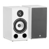 TRIANGLE BOREA BR03 enceinte bibliothèque HI-FI finition blanche, paire vue de trois quarts avec et sans grille
