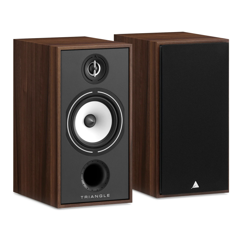 TRIANGLE BOREA BR04 enceinte bibliothèque HI-FI finition noyer, paire vue trois quarts avec et sans cache