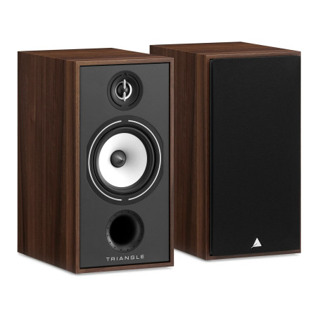 TRIANGLE BOREA BR04 enceinte bibliothèque HI-FI finition noyer, paire vue trois quarts avec et sans cache