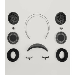 MEZE 105 AER casque audio, vue éclatée des composants coussinets transducteurs et arceau