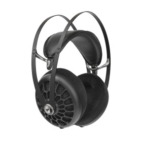 MEZE 105 AER casque haute fidélité ouvert, vue trois quarts arceau double et coussinets alcantara noir