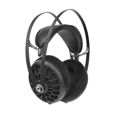 MEZE 105 AER casque haute fidélité ouvert, vue trois quarts arceau double et coussinets alcantara noir