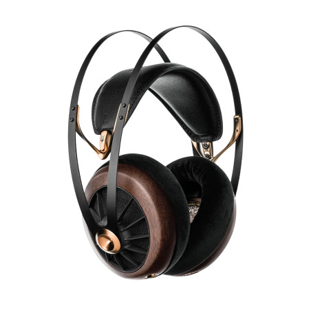 MEZE 109 PRO casque audio haute fidélité ouvert, coques bois arceau cuir noir et finition cuivre trois quarts
