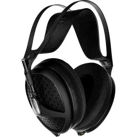 MEZE EMPYREAN II casque haute fidélité circum-aural ouvert, arceau carbone et coussinets cuir vue trois quarts