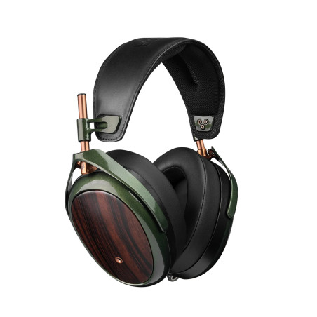 MEZE MEZE STRADA casque haute fidélité vert et bois, vue trois quarts arceau cuir et détails cuivre