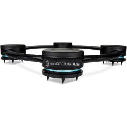 ISO ACOUSTICS ISOACOUSTICS APERTA SUB XL isolateur acoustique, vue de trois quarts structure noire et anneaux bleus