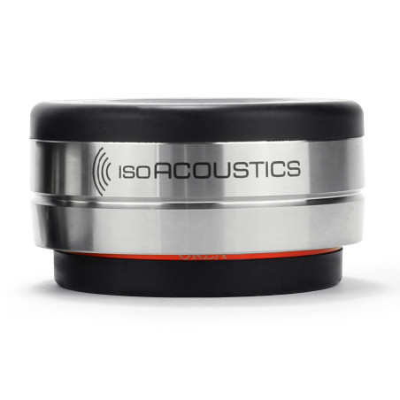 ISO ACOUSTICS ISOACOUSTICS OREA Bordeaux isolateur acoustique, vue de face finition inox et caoutchouc rouge
