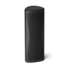 KEF MUO enceinte Bluetooth noire, vue de trois quarts avec logo KEF et boutons de commande sur le dessus