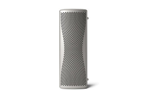 KEF MUO enceinte Bluetooth portable finition argent, vue de face grille métallique perforée