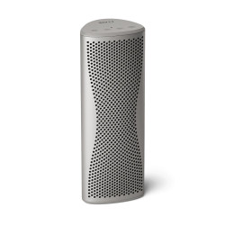 KEF MUO enceinte Bluetooth argent, vue trois quarts avec logo KEF et commandes sur le dessus