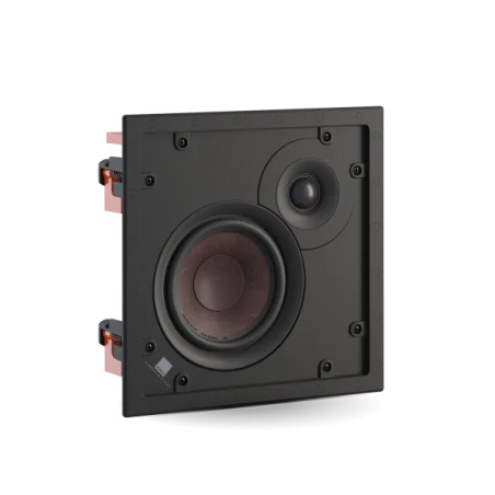 DALI PHANTOM H-50 enceinte encastrable, vue trois quarts avec woofer et tweeter, fixations latérales oranges