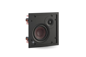 DALI PHANTOM H-50 enceinte encastrable, vue trois quarts avec woofer et tweeter, fixations latérales oranges