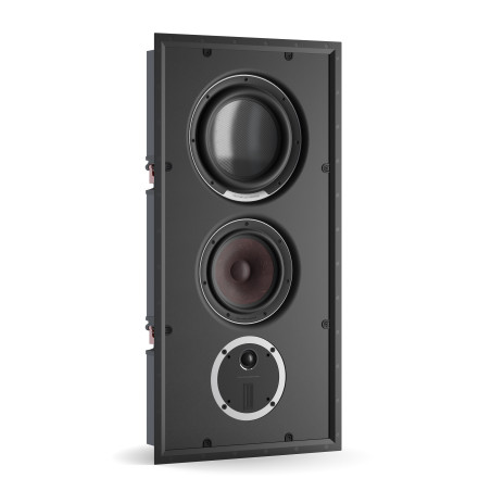 DALI PHANTOM S-180 enceinte encastrable murale, vue trois quarts woofer fibre et médium cône rouge