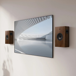 KEF Q4 META paire d'enceintes surround noyer, installation murale de part et d'autre d'un téléviseur