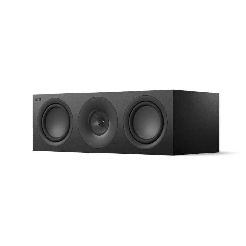 KEF Q6 META enceinte centrale noire, vue trois quarts avec tweeter Uni-Q et deux haut-parleurs de grave
