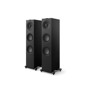 KEF Q7 META enceinte colonne hi-fi noire, paire vue trois quarts avec haut-parleurs Uni-Q et graves