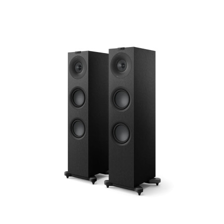KEF Q7 META enceinte colonne hi-fi noire, paire vue trois quarts avec haut-parleurs Uni-Q et graves
