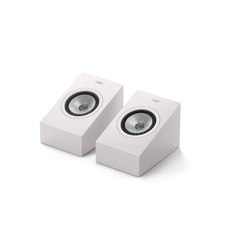 KEF Q8 META enceinte Atmos blanche paire, vue trois quarts avec driver Uni-Q coaxial apparent