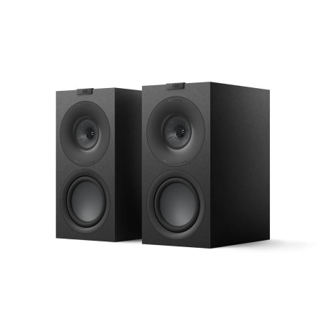 KEF Q-Concerto META enceinte bibliothèque noire, paire vue de trois quarts avant, tweeter Uni-Q et woofer
