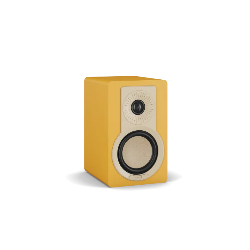 DALI KUPID enceinte bibliothèque Hi-Fi finition jaune, vue trois quarts face tweeter et woodfibre cône