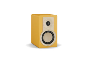 DALI KUPID enceinte bibliothèque Hi-Fi finition jaune, vue trois quarts face tweeter et woodfibre cône