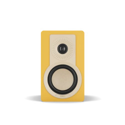 DALI KUPID enceinte bibliothèque Hi-Fi jaune, vue de face tweeter dôme et haut-parleur médium-grave