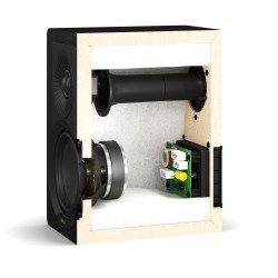 DALI KUPID enceinte bibliothèque noire, vue en coupe intérieur tweeter woofer et filtre