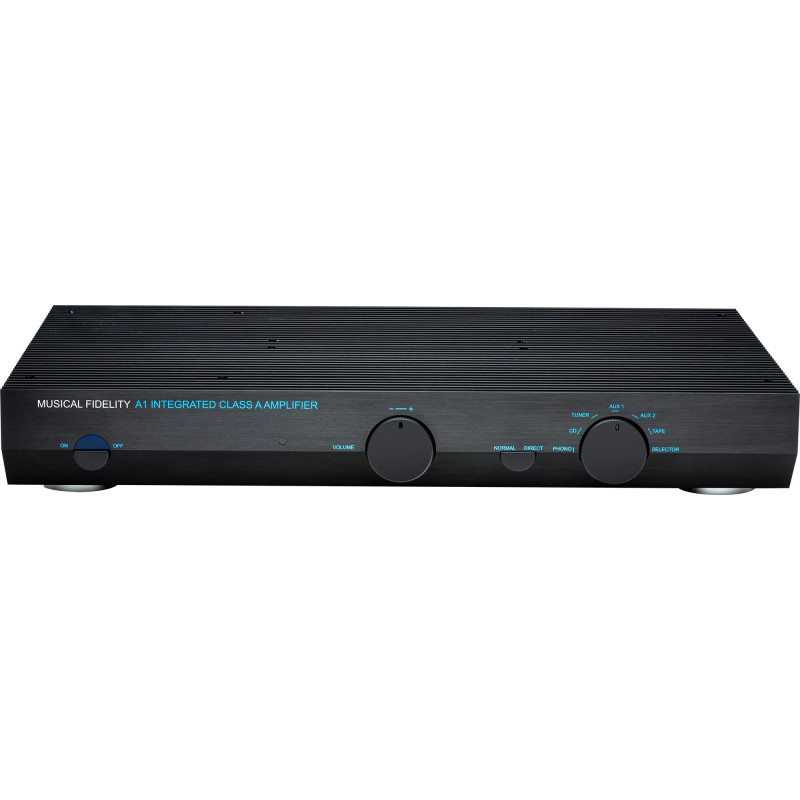 MUSICAL FIDELITY A1 amplificateur intégré classe A, façade noire vue de face avec volume et sélecteur sources