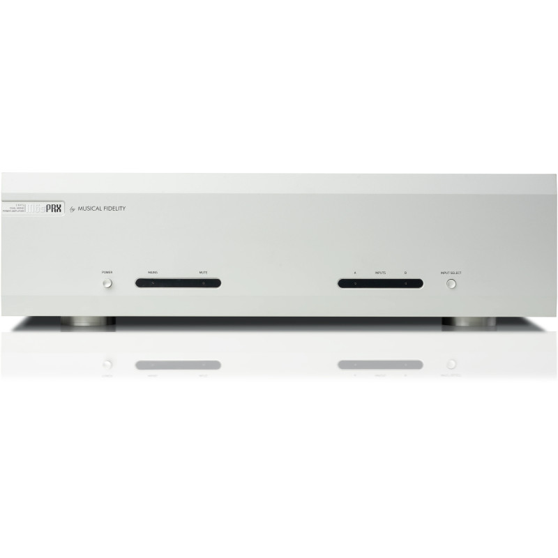 MUSICAL FIDELITY M6s PRX amplificateur de puissance HI-FI finition argent, vue de face boutons power et mute